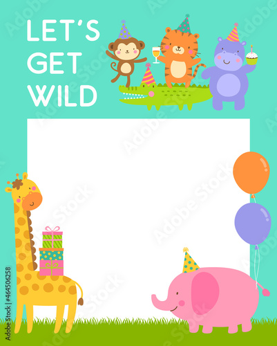 Cute safari cartoon animals with copy space for kids party invitation card template. 