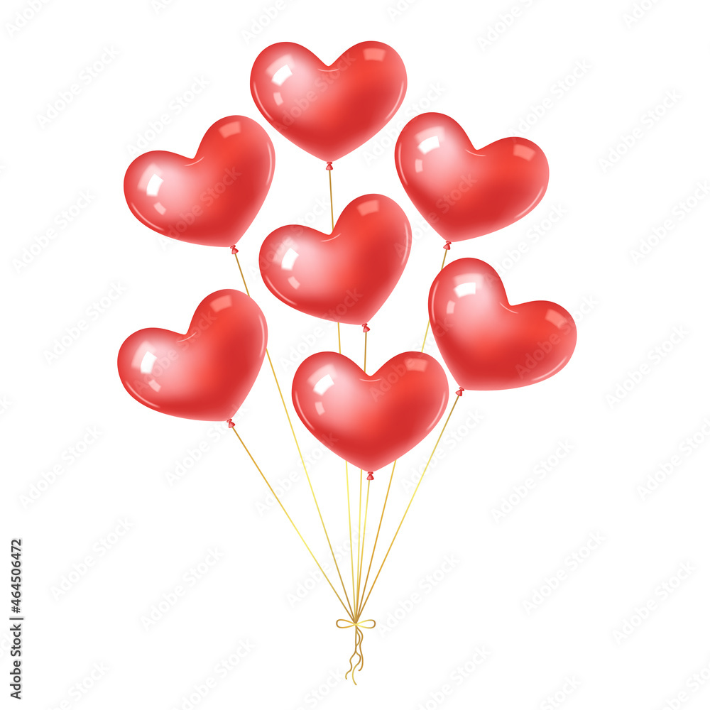 Bundle of red realistic heart shaped balloons isolated on white background. Design element for Valentine's day, wedding, birthday.Vector stock illustration. 