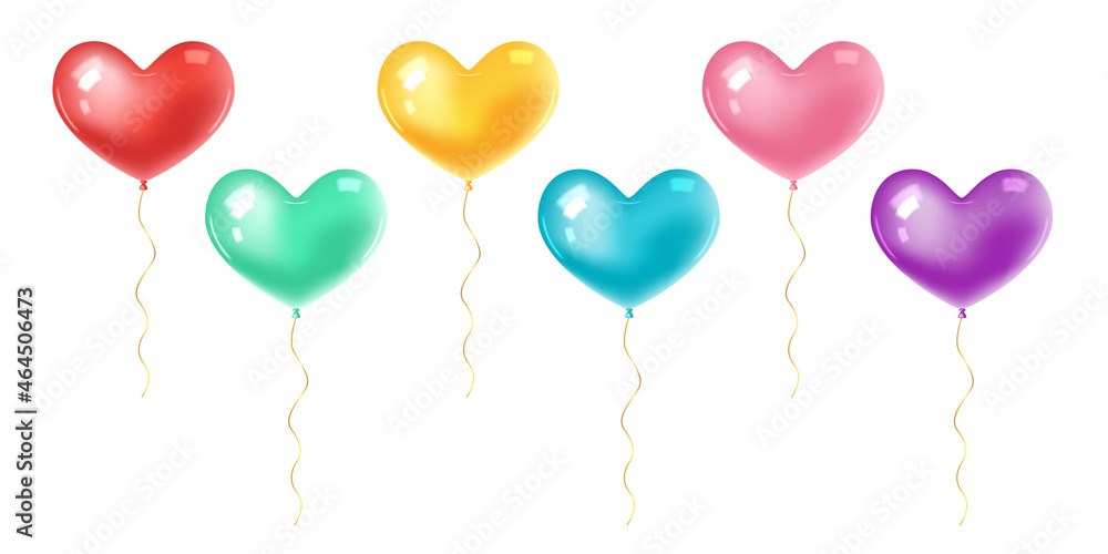 Set of realistic colored heart shaped balloons isolated on white background. For festive design birthday, wedding, valentine's day. Vector stock illustration. 