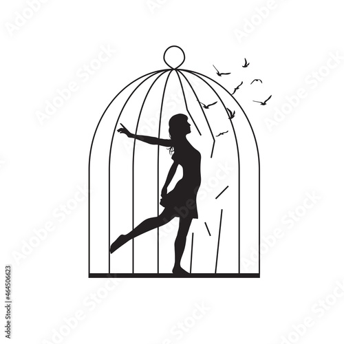 Woman and birds steps out of the cage. Mental Health Awareness. Psychology illustration.