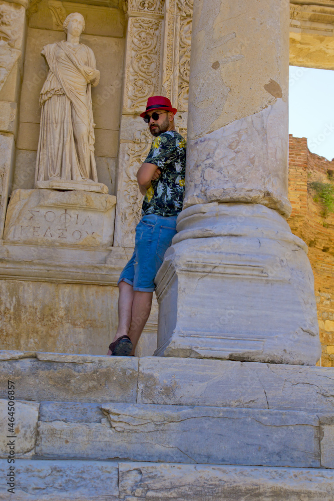 handsome man in sunglasses in ephesus ancient city, izmir handsome man in sunglasses in ephesus ancient city, izmir