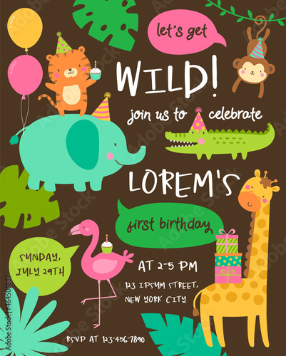 Canvas Print Cute safari cartoon animals with copy space for kids party invitation card template