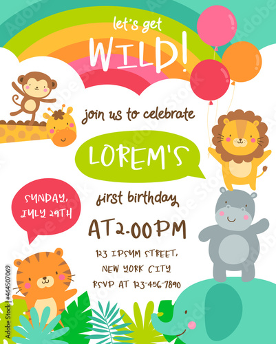 Cute safari cartoon animals border with cloud shaped copy space for kids party invitation card template.