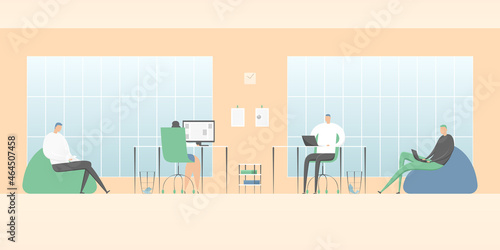 Office job. Staff working on laptops. Vector illustration.