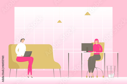 Women working on computers in office. Vector illustration.