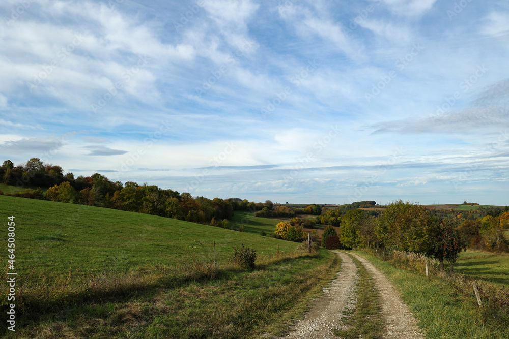 Autumn landscape with green meadows and fields