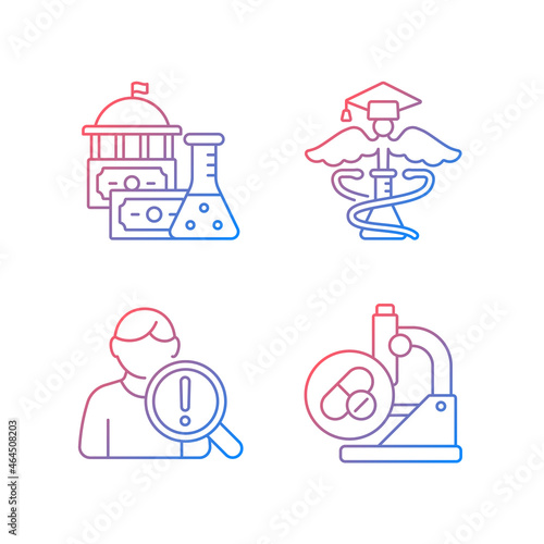 Experimental medicine gradient linear vector icons set. Government funding. Medical school. Studying risk factors. Thin line contour symbols bundle. Isolated outline illustrations collection