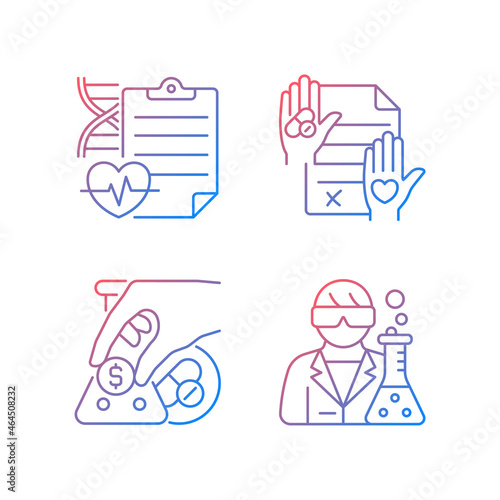 Experimental research gradient linear vector icons set. Measure clinical outcomes. Informed consent. Crowdfunding. Thin line contour symbols bundle. Isolated outline illustrations collection