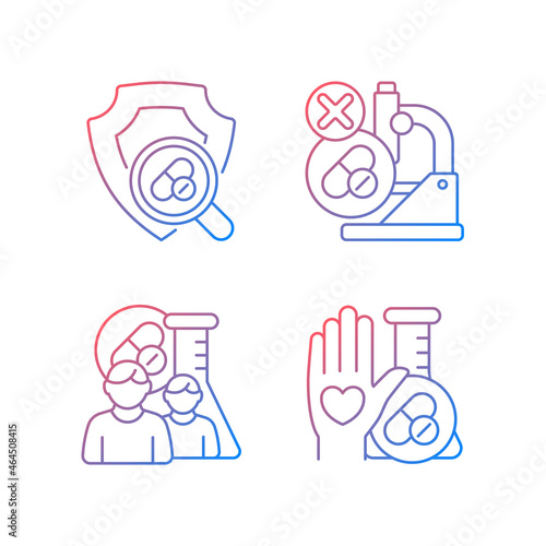 Clinical research facility gradient linear vector icons set. Failed project. Checking safety of new drugs. Human volunteer. Thin line contour symbols bundle. Isolated outline illustrations collection