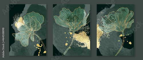 Luxury gold wallpaper.  Black and golden background. floral wall art design with dark blue and green color, shiny golden light texture. Modern art mural wallpaper. Vector illustration.
