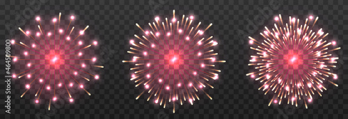 Set of vector holiday fireworks on isolated transparent background. Fireworks png, fireworks of different colors, salute, explosion png, holiday.