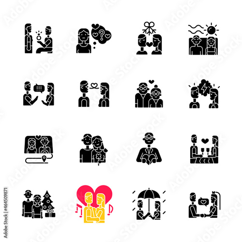 Romance black glyph icons set on white space. Romantic love. Partners spending time together. Couple quality time. Happy relationship. Silhouette symbols. Vector isolated illustration