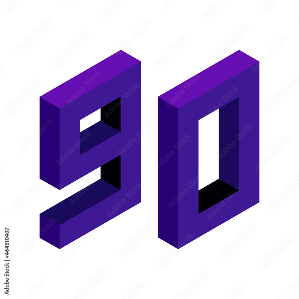 Violet number 90 in isometric style. Isolated on white background. Learning numbers, serial number, price, place. Violet number 90 in isometric style. Isolated on white background. Learning numbers, serial number, price, place.
