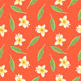 Seamless pattern of plumeria flowers on bright orange background. For fabric, sketchbook, wallpaper, wrapping paper.