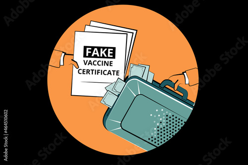 Fake vaccine certificates struggle. Covid death in Ukraine. Corruption, Dishonest or fraudulent conduct, Bribery. Vector illustration of two hands over money, bribe in suitcase.