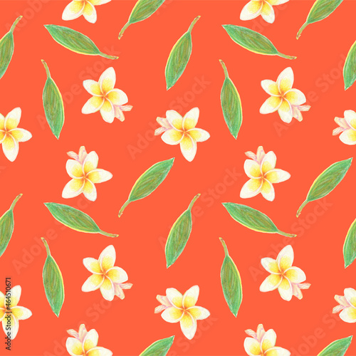 Seamless pattern of plumeria flowers on bright orange background. For fabric, sketchbook, wallpaper, wrapping paper.