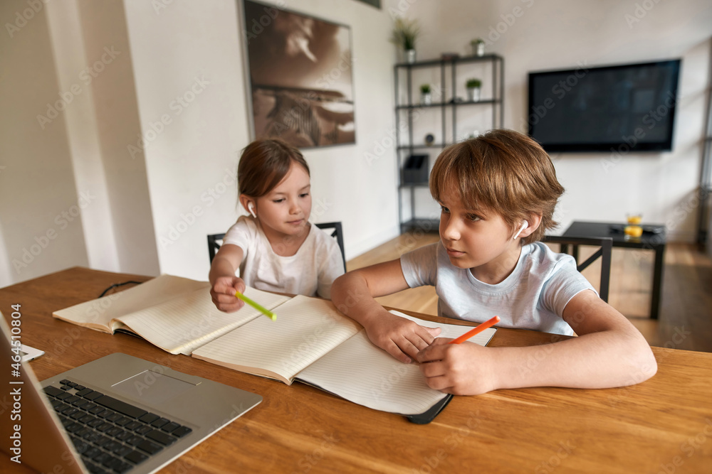 Teen children have webcam video lesson at home Teen children have webcam video lesson at home