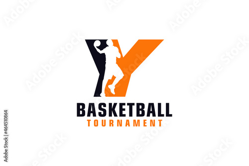 Letter Y with Basketball Logo Design. Vector Design Template Elements for Sport Team or Corporate Identity.