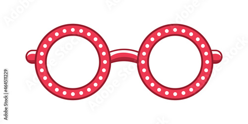 Red round transparent eyeglasses frame with white dot pattern clipart. Funky party glasses eyewear cartoon vector illustration.