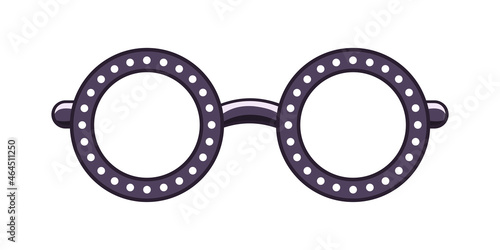 Black round transparent eyeglasses frame with white dot pattern clipart. Funky party glasses eyewear cartoon vector illustration. photo