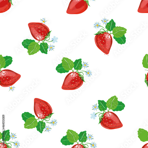 Seamless pattern of realistic image of delicious ripe strawberries with flowers