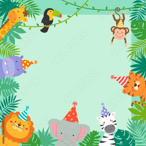 Frame border of cute jungle animals cartoon and tropical leaves for kids party invitation card template. © NTRdesign