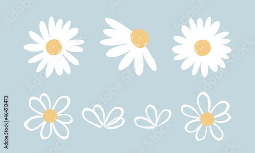 Set of cute hand drawn daisy flower on blue background vector illustration.
