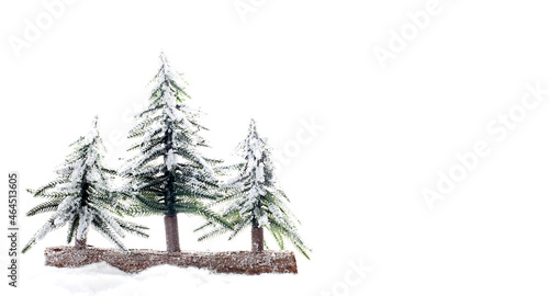 Miniature decorative spruce trees. Christmas concept copy space