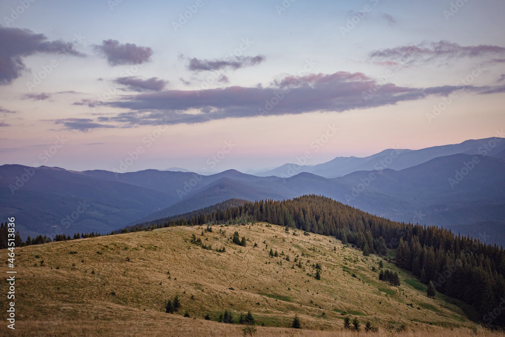 mountain meadow and evening sky in the mountains. sunset on top of the mountain