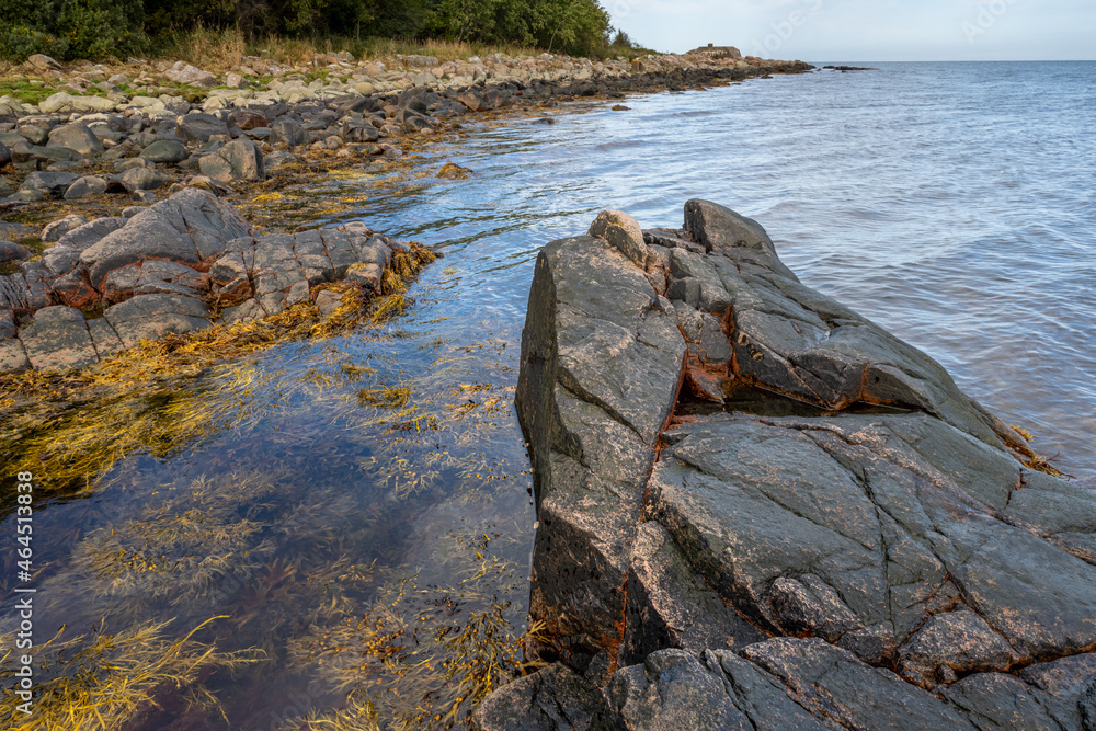 A picture of a rock against the blue water. Picture from Skalderviken, southern Sweden