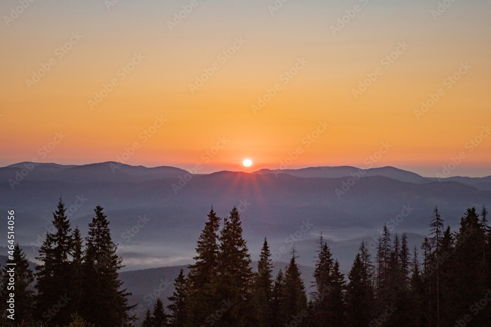 morning in the mountains. sunrise over the mountain tops. incredible beauty of the mountains.