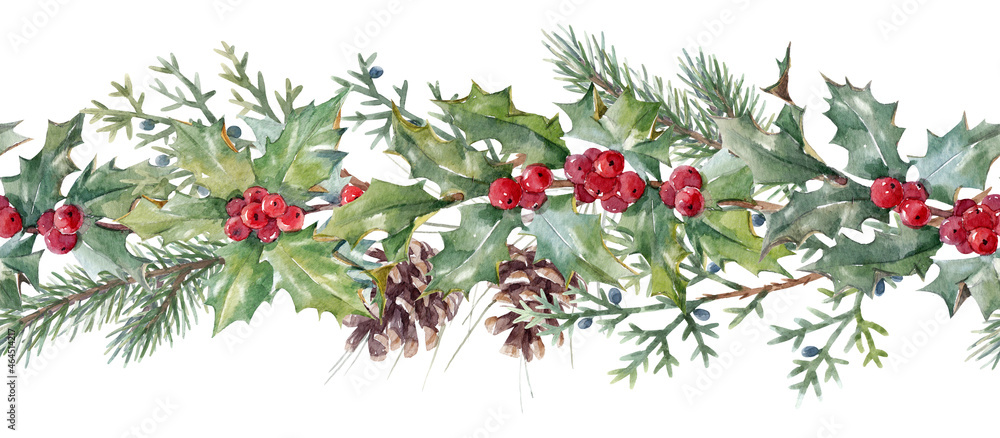 Beautiful horizontal floral christmas seamless pattern with hand drawn ...