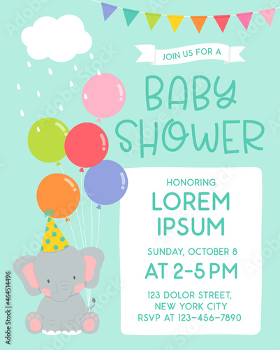 Cute elephant with balloons cartoon illustration for baby shower invitation card template.