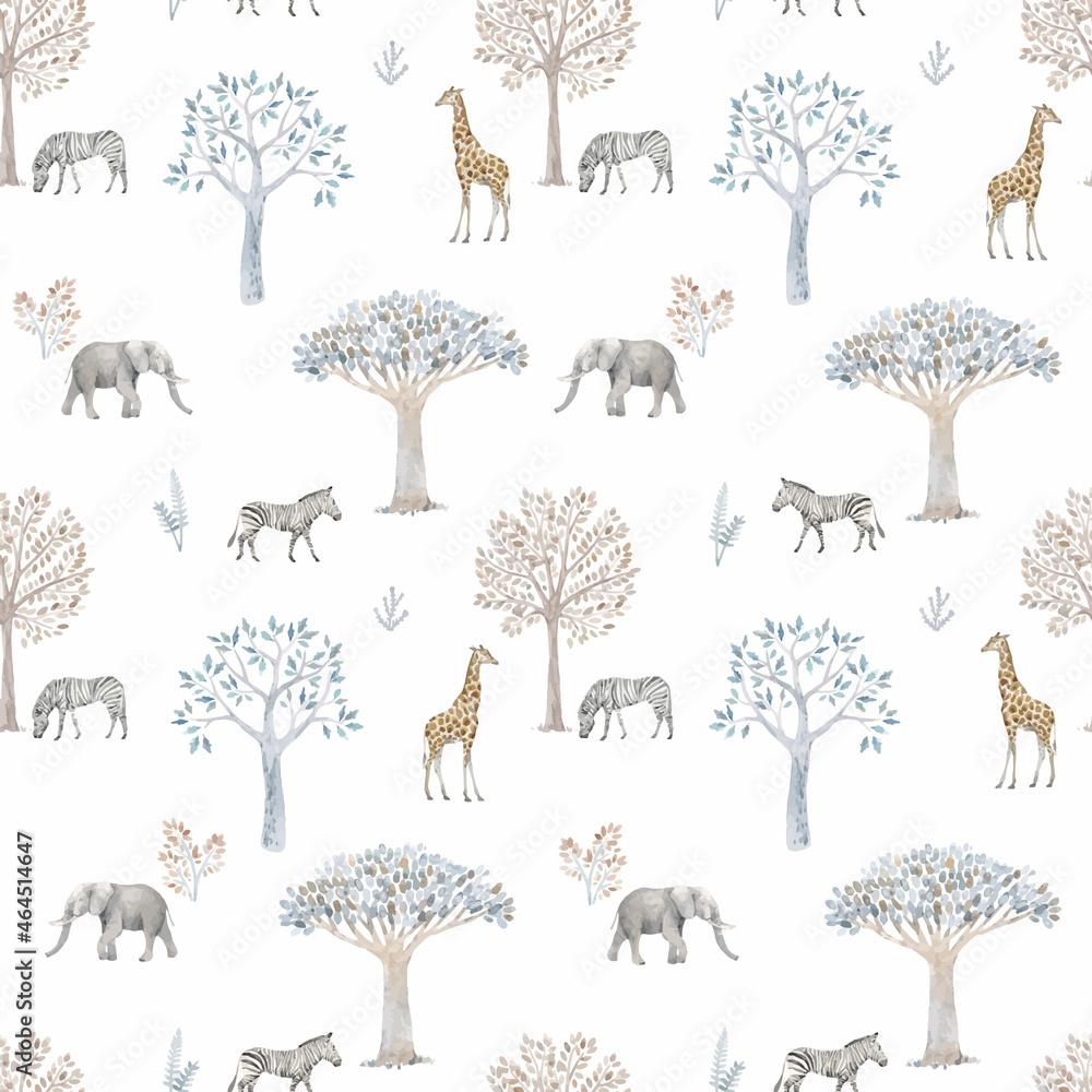 Beautiful vector seamless pattern with hand drawn watercolor cute trees and safari elephant giraffe zebra animals. Stock illustration. - obrazy, fototapety, plakaty 