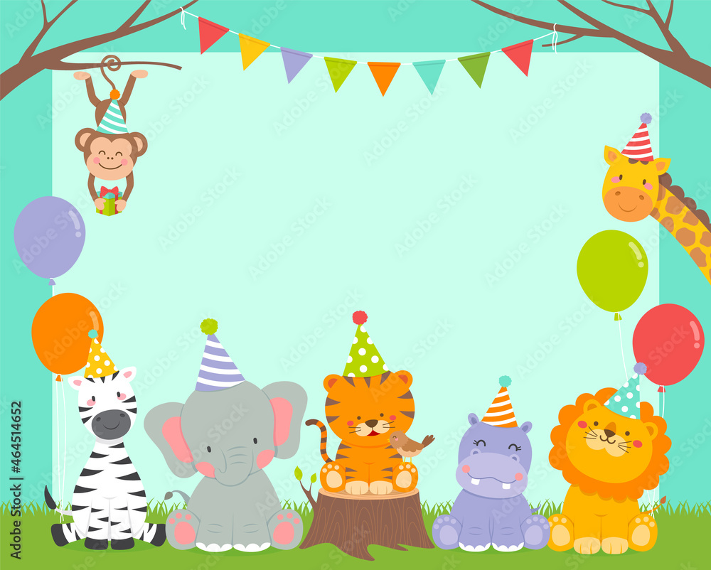 Cute wildlife cartoon animals border design for kids party invitation card  template. Stock Vector | Adobe Stock