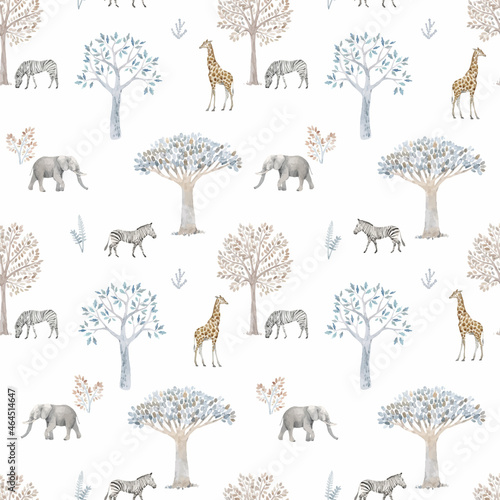 Beautiful vector seamless pattern with hand drawn watercolor cute trees and safari elephant giraffe zebra animals. Stock illustration.