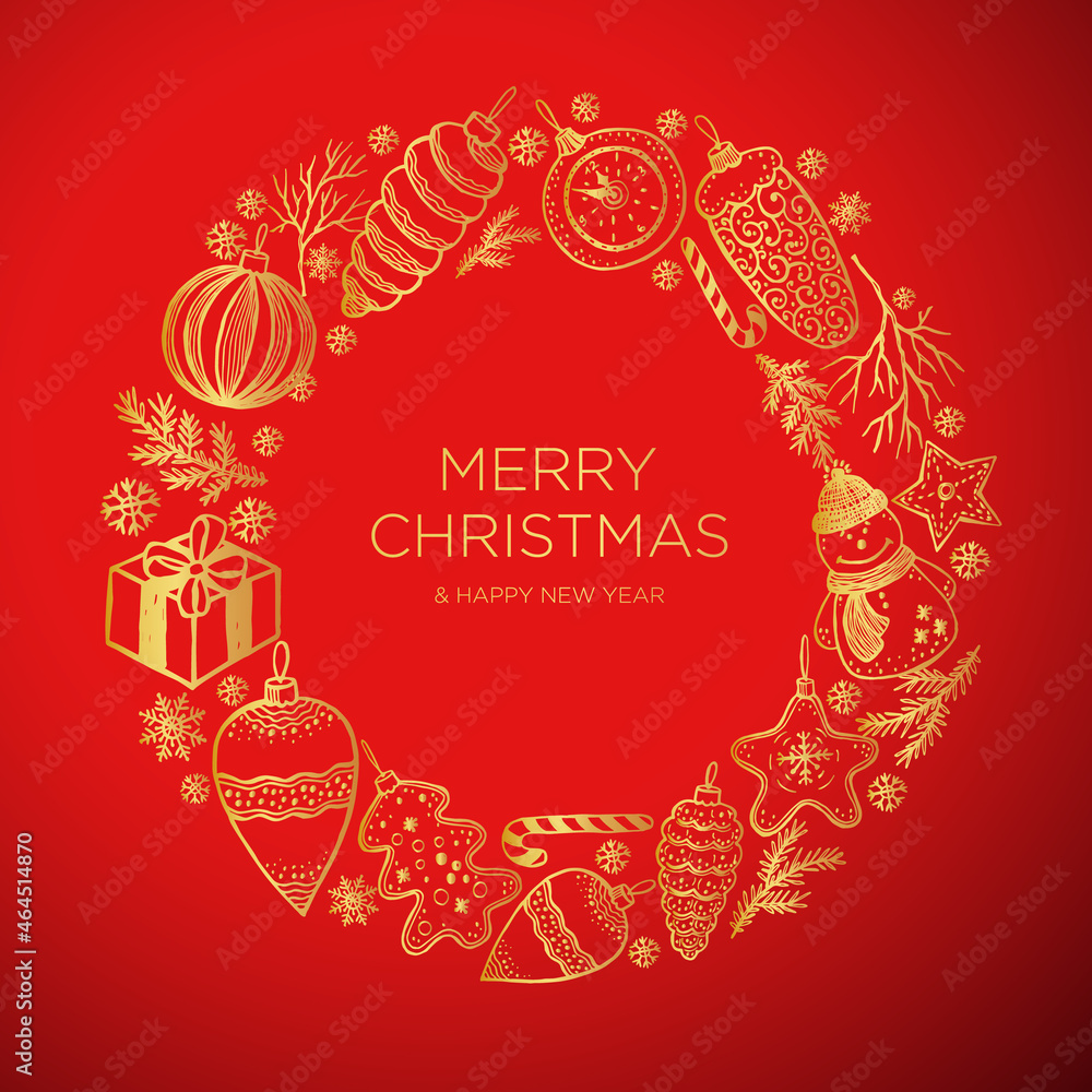 Christmas and New Year wreath with balls, toys and fir-cone, for xmas design in gold on red. Vector illustration background.