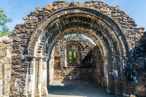 Ruins of the Glendalough Saint Saviour's Priory Choir Arch and Chancel in Wicklow, Ireland.