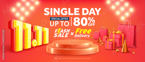 Vector of 11.11 Single day Poster or banner with product podium scene,gift box and shopping bag.11 november Single day sales banner template design for social media and website.