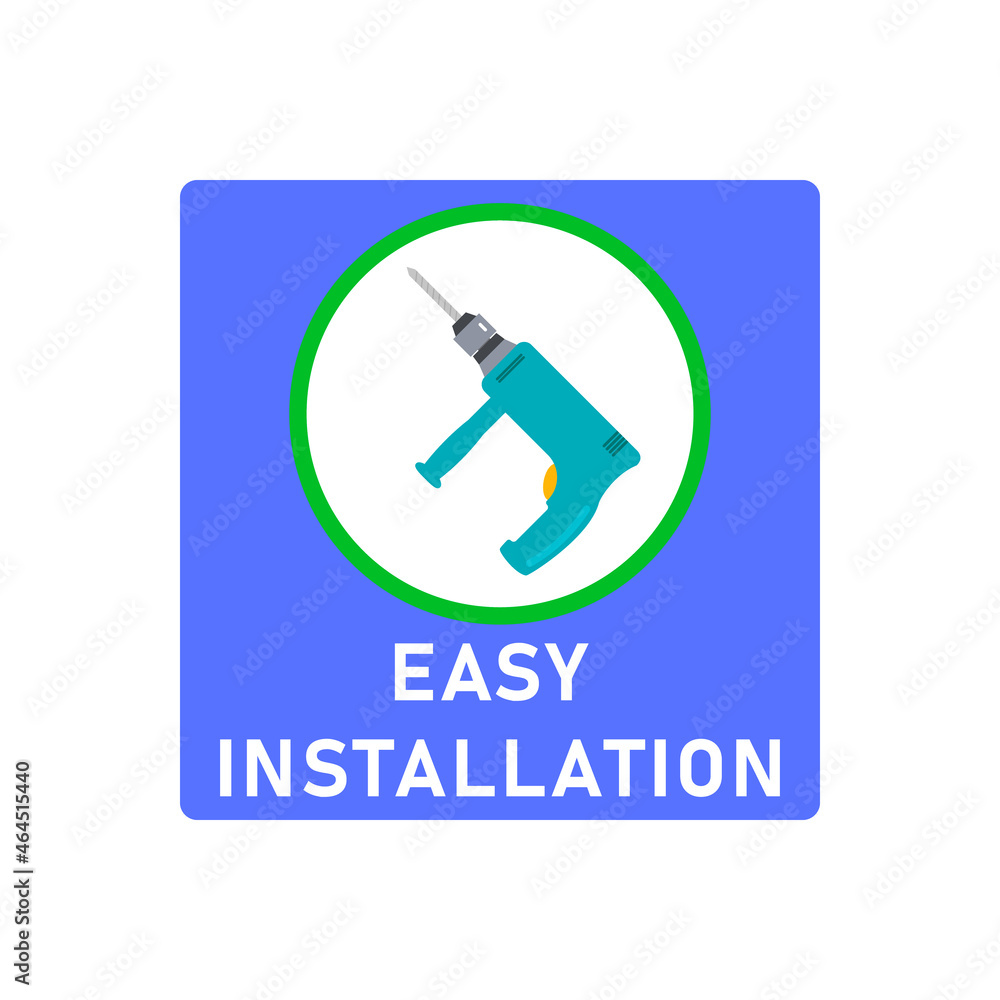 Easy simple installation icon with power drill symbol in circle. Round and square shape. Isolated vector illustration, clipart, sign. Design template for website elements, sticker, tag and other use. Easy simple installation icon with power drill symbol in circle. Round and square shape. Isolated vector illustration, clipart, sign. Design template for website elements, sticker, tag and other use.