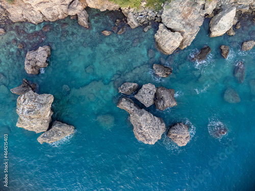 Rocks and coastline in Antalya, Turkey, aerial view
