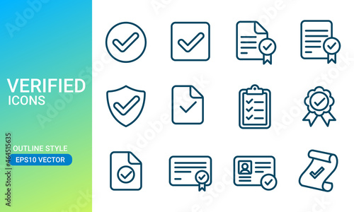 Verified icons set in outlined style. Suitable for design element of document certification and identity verification app UI UX. Approved files notification icons set.