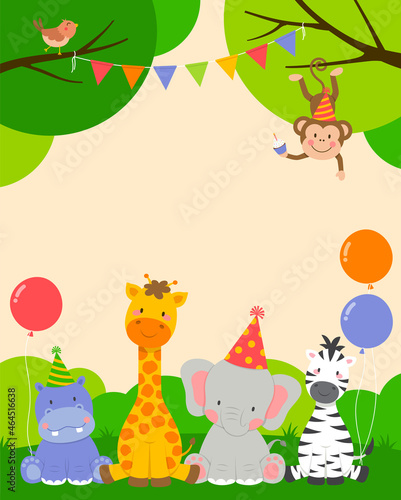 Cute wildlife animals cartoon illustration for party invitation card template.
