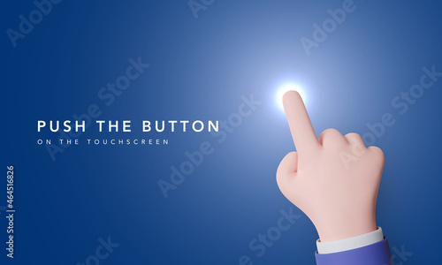 3d beautiful hand presses the forefinger on the touchscreen. The button on the touchscreen is illuminated when pressed with a finger. Vector illustration