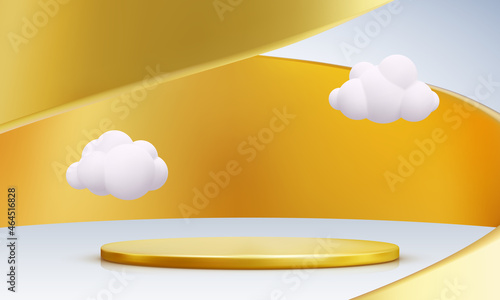 Golden 3D pedestal podium with swirl flow, product display stage. Vector illustrationGolden 3D pedestal podium with swirl flow, product display stage. Vector illustration