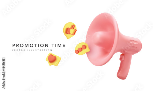 Realistic 3D megaphone with icons flying from it isolated on white background. Vector illustration