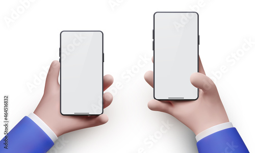 Two positions of 3d businessman hands holding the black smartphone with blank screen and modern frameless design isolated on white background. Vector illustration