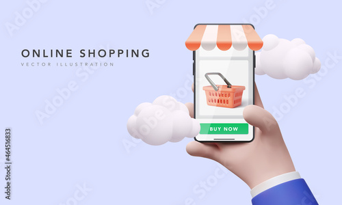 Online store shopping concept. Businessman holding a phone in his hand makes purchases in an online store. Vector illustration