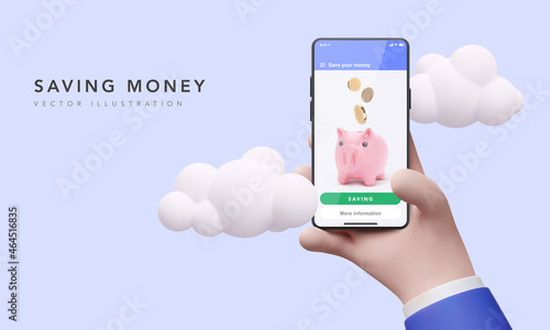 Business man saving money in piggy bank online. Concept of profit etc. Vector illustration photo