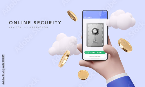 3D mobile security concept. Smartphone or mobile phone with safe. Vector illustration